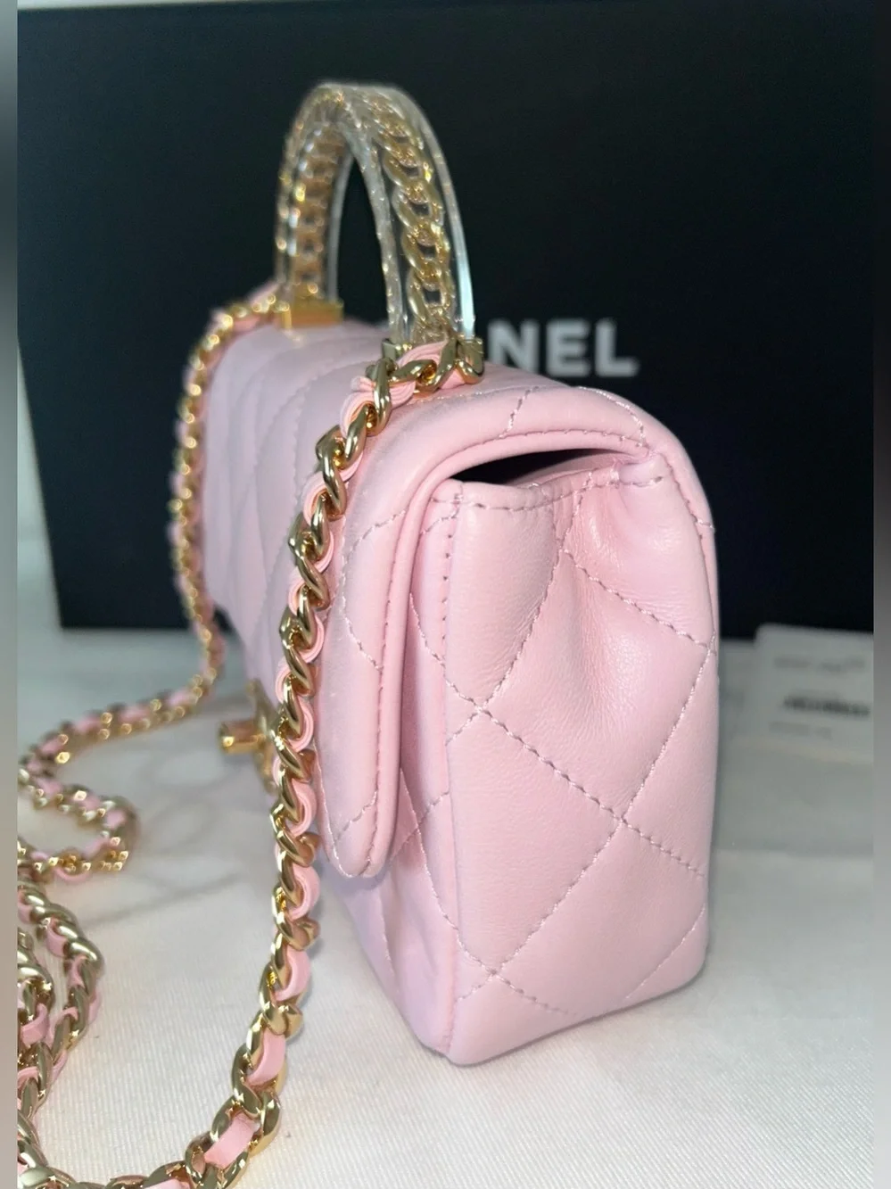 NEW! CHANEL 24S Mini Top Handle Flap Bag Quilted Lambskin Rose Light Pink